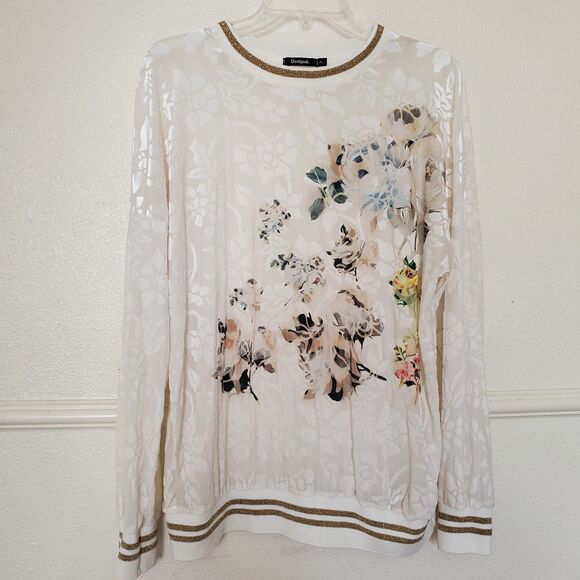 Desigual Tops - Desigual Women's XL Off-White Burnout Velvet Floral Sheer Top Gold Trim Pullover
